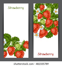 Banners with red strawberries. Illustration of berries and leaves.