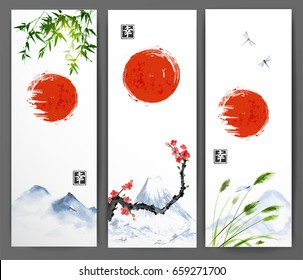 Banners with red sun, mountains, bamboo, sakura, leaves of grass and dragonflies. Traditional oriental ink painting sumi-e, u-sin, go-hua. Contains hieroglyph - happiness.