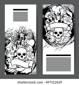 Banners with retro tattoo symbols. Cartoon old school illustration.