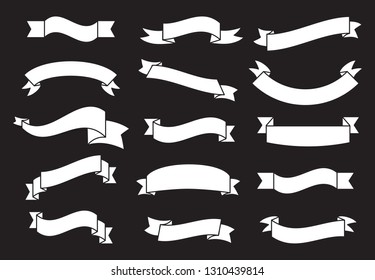 Banners and ribbons set isolated on black background. Collection of trendy banners and ribbons for web site, tag, label, sticker, and badge. Creative art concept, vector illustration