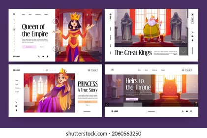 Banners of royal stories about king, queen, princess and heirs to throne. Vector landing pages of kingdom with cartoon illustration of royal characters in medieval palace