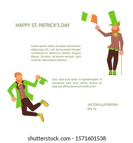 Banners of Saint Patrick's Day. Cute cartoon leprechauns holding mugs of beer dancing. Flat Art Vector illustration
