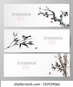 Banners with sakura, bamboo and bird in sumi-e style. Vector illustration. Traditional Japanese painting. Hand-drawn with ink. Sealed with decorative red stamp. 