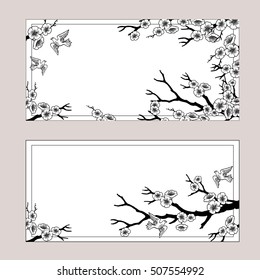 Banners with sakura blossoms and birds. Black and white eps outlined illustration.