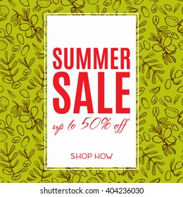 Banners sale in eco-style in natural colors. Background pattern with argan tree in the style of hand-drawing