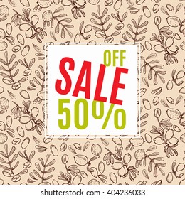 Banners sale in eco-style in natural colors. Background pattern with argan tree in the style of hand-drawing