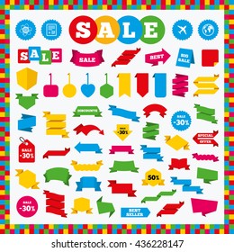 Banners, sale stickers and sale labels. Airplane icons. World globe symbol. Boarding pass flight sign. Airport ticket with QR code.  Vector