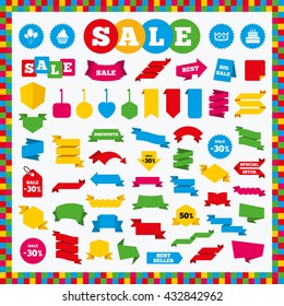 Banners, sale stickers and sale labels. Birthday crown party icons. Cake and cupcake signs. Air balloons with rope symbol. Sale price tags. Vector