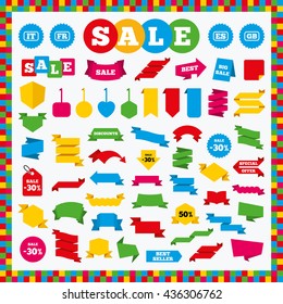 Banners, sale stickers and sale labels. Language icons. IT, ES, FR and GB translation symbols. Italy, Spain, France and England languages. Sale price tags. Vector