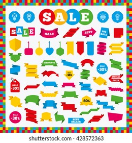 Banners, sale stickers and sale labels. Light lamp icons. Circles lamp bulb symbols. Energy saving with cogwheel gear. Idea and success sign. Sale price tags. Vector
