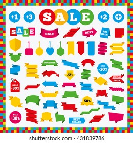 Banners, sale stickers and sale labels. Plus icons. Positive symbol. Add one, two, three and four more sign. Sale price tags. Vector