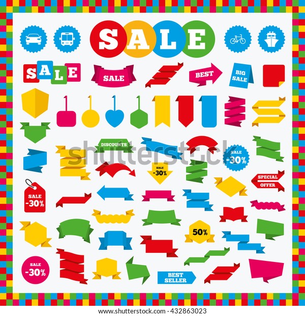 Banners, sale stickers and\
sale labels. Transport icons. Car, Bicycle, Public bus and Ship\
signs. Shipping delivery symbol. Family vehicle sign. Sale price\
tags. Vector