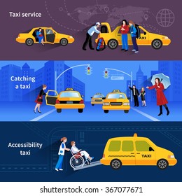 Banners with scenes of taxi service catching taxi and accessibility taxi flat vector illustration