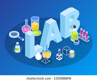 Banners scientific research, chemical laboratory equipment. Set of various test tubes, flasks, cans and bottles with liquid, dropper, microscope, stand, magnifier and other tools. Isometric glow icons