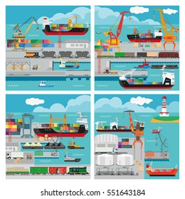 Banners with sea transport for shipping cargo and logistic. Vector illustration - ship with crane in port, freight industrial delivery, export and import goods, container with shipment in harbor.