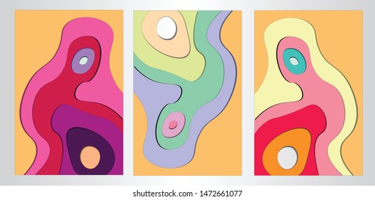 Banners set with 3D abstract background and paper cut shapes. Vertical Banner Vector design layout for business presentations, flyers, posters and invitations. Colorful carving art 