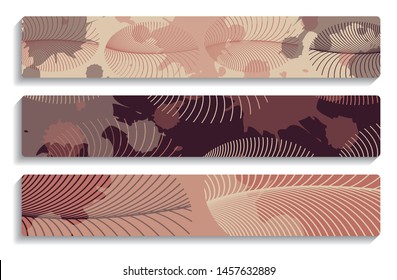 banners set with abstract feathers and ink splatters in retro brown shades