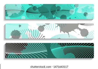 banners set with abstract feathers and ink splatters in turquoise silver shades