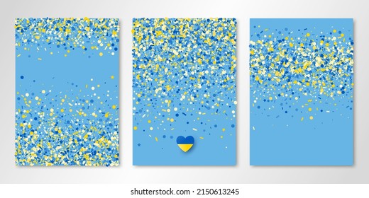 Banners set with blue yellow confetti and paper heart in Ukrainian flag colors on soft blue sheets. Vector design templates for cards, brochure design, certificates, flyers