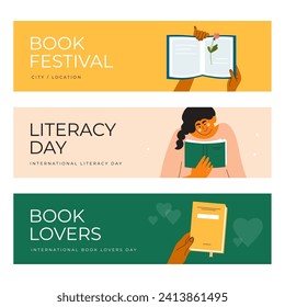 Banners de un festival de libros, Día de la alfabetización, libros que aman la ilustración vectorial del día. Club de lectura, mujer con literatura, mano humana dar o intercambiar libro. De vuelta a la escuela, evento de vacaciones para gente inteligente