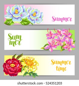 Banners set with China flowers. Bright buds of magnolia, peony, rhododendron and chrysanthemum.