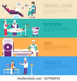 Banners set of clinic dental, surgery, health care and medical examination doctor collection concept. Vector business medicine flat icons in retro style background design