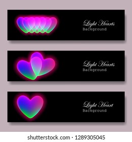 Banners set with colorful bubble hearts on a black background. Set of horizontal banners for brochures or vouchers. Vector illustration EPS10