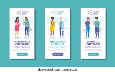 Banners set Doctor and pregnant woman, patient, vector illustration, flat style. Medical, pregnancy check-up, diagnostics, analysis, conversation, dialogue. 