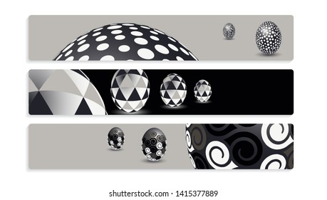 banners set with easter eggs geometric patterns in silver shades