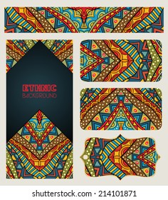 Banners set with ethnic pattern. Branding design with tribal ornament. Abstract geometric pattern for identity firm design. Collection of business cards, banners and tag. Vector file is EPS8.