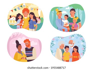 Banners set with families and couples, cartoon vector illustration isolated.