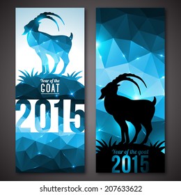 Banners set with geometric pattern goat. Vector illustration. Chinese astrological sign. New Year 2015. Shining background made up from triangles.