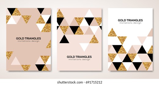 Banners set with gold geometric patterns. Vector illustration. Flyer design layout templates for wedding cards, business brochure design, certificates. Golden triangles decor Banners set with gold geometric patterns. Vector illustration. Flyer design layout templates for wedding cards, business brochure design, certificates. Golden triangles decor