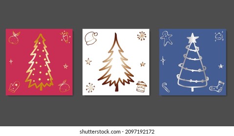 Banners set with gold and silver Christmas trees and gingerbread patterns on pink, white and blue background. Festive templates and frames for design, layouts, wallpaper, textiles, fabric, wrapping