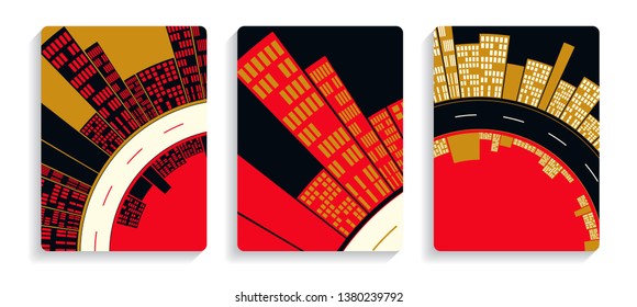 banners set with graphic urban sequence in red gold shades