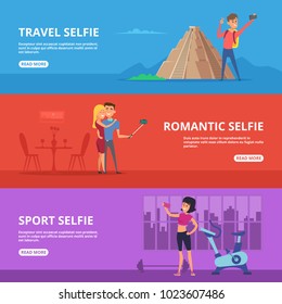 Banners set with illustrations of couples and happy characters making selfie. Vector romantic, travel and sport selfie photo concept