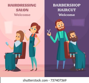 Banners set with illustrations of hairdressers at work. Vector barber man and woman work in hair salon