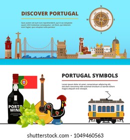 Banners set with illustrations of portuguese cultural objects. Vector portuguese discover banner, port building and castle