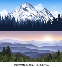 Banners set of landscape with winter mountains and forest mountains with sunrise haze vector illustration