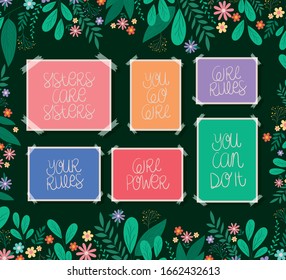 banners set with leaves and flowers design of Women empowerment female power feminist people gender feminism young rights protest and strong theme Vector illustration