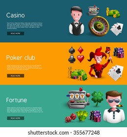 Banners set of mix casino icons separated on casino poker club and fortune groups cartoon vector illustration