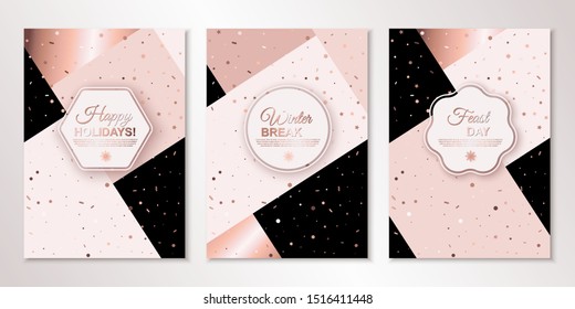 Banners set with nude confetti and frames with place for text on trendy pinkish patchwork backdrop. Vector flyer design templates for cards, brochures design, certificates. All layered and isolated