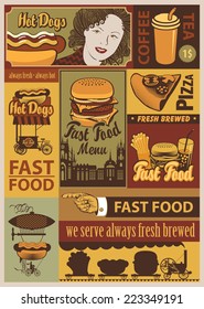 banners set on fast food in retro style