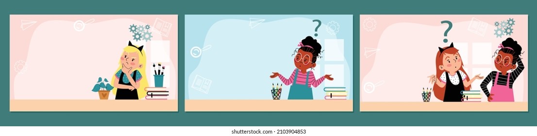 Banners set with pensive kids with confused expression overthinking task and searching decision, flat vector illustration. Posters with children studying and thinking.