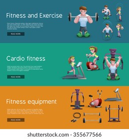 Banners set of people doing exercise people on cardio training tools and fitness equipment cartoon vector illustration