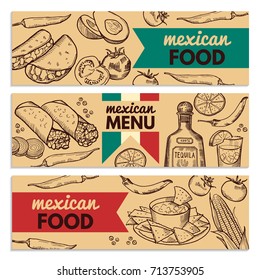 Banners set with picture of different mexican foods for restaurant menu. Mexican food banner menu. Vector illustration