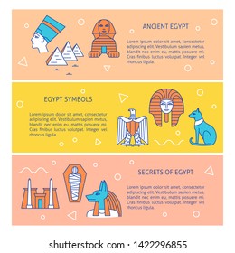 Banners set with popular historical Egypt icons and place for text. Ancient Egyptian symbols. Vector illustration.