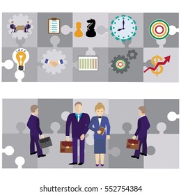 Banners set of puzzles with  business process and elements isolated illustration analysis