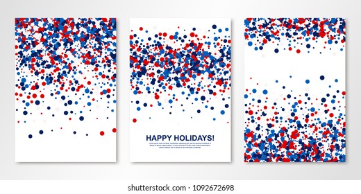 Banners set with red, white, blue confetti on white. Vector flyer design templates. All layered and isolated