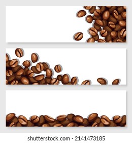 Banners set of roasted coffee beans scattered over a white surface with empty space. Background template of blank frames for a restaurant or cafe. Realistic vector illustration.